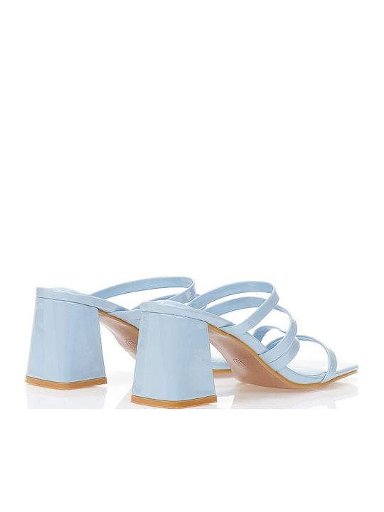 Damen Pantoletten aus Lackleder mit Chunky Hoch Absatz in Blau Farbe