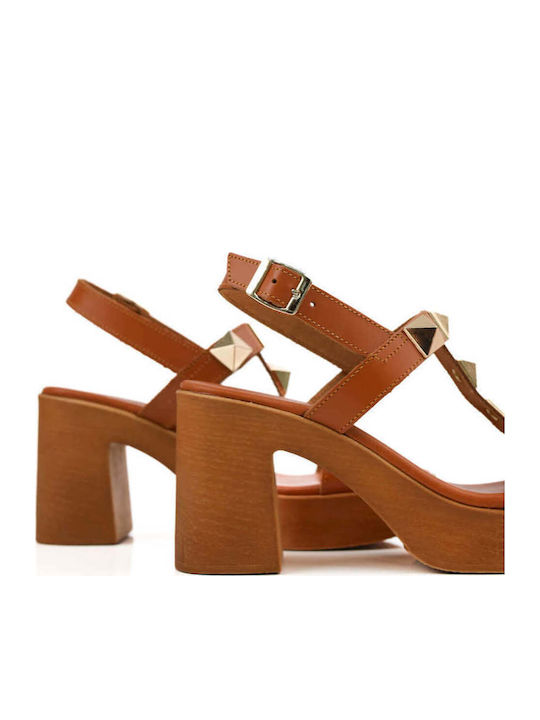 Damen Sandalen Tabac Braun Made In Greece Mit Metallischen Pyramiden