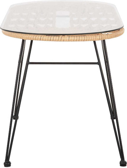 Outdoor Dinner Free Standing Table with Glass Surface and Metal Frame Beige Wicker-black 100x45x51cm