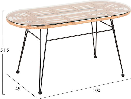 Outdoor Dinner Free Standing Table with Glass Surface and Metal Frame Beige Wicker-black 100x45x51cm