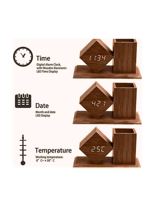 Uncle George Tischuhr Digital LED Holz mit Wecker Braun 01.06.04-0010-BRWN