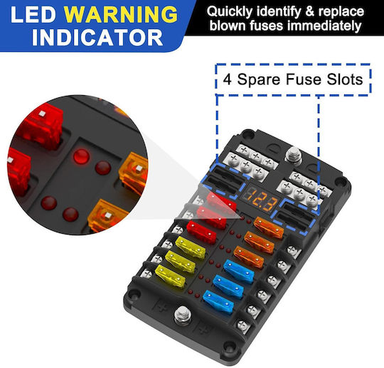 Set Cutie Siguranțe Auto 12 Ieșiri 12–32 V Afișaj Led Capac de Protecție Siguranțe Lamelare Atc Ato Incluse Mașină Motocicletă Barcă Rulotă Autorulotă