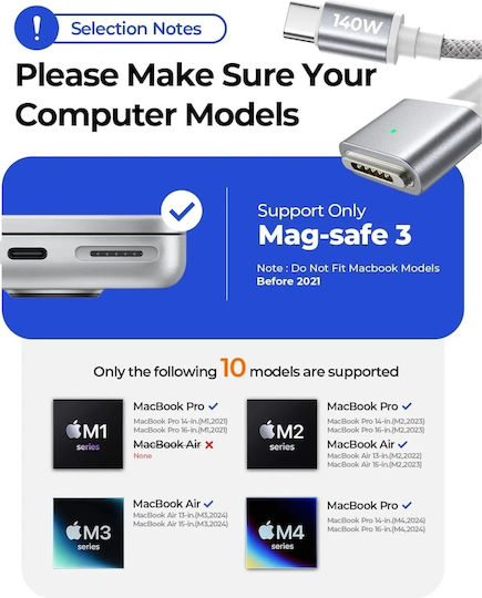 Lisen Magnetic Braided USB 2.0 Cable USB-C Male - Magsafe 3 140W PD Gray 2m 903008