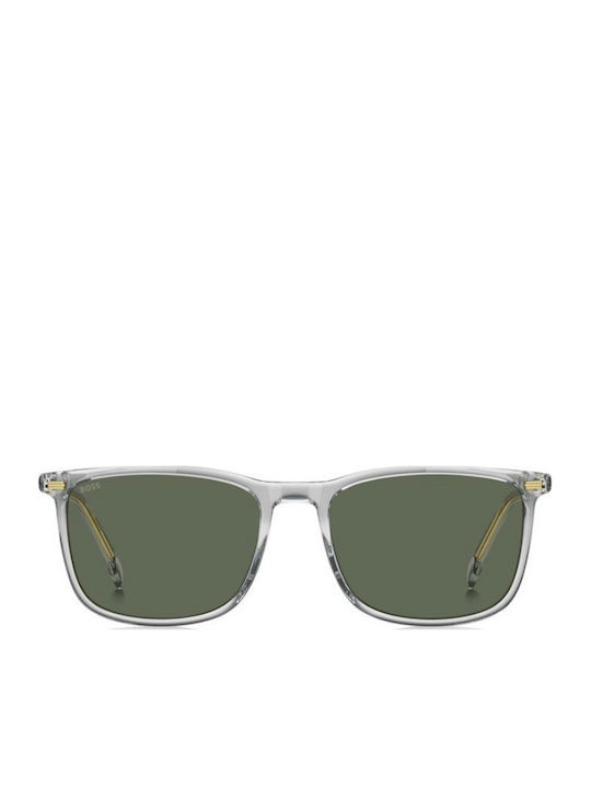 Boss Unisex Sunglasses with Gray Horn-Rimmed Frame and Green Lens