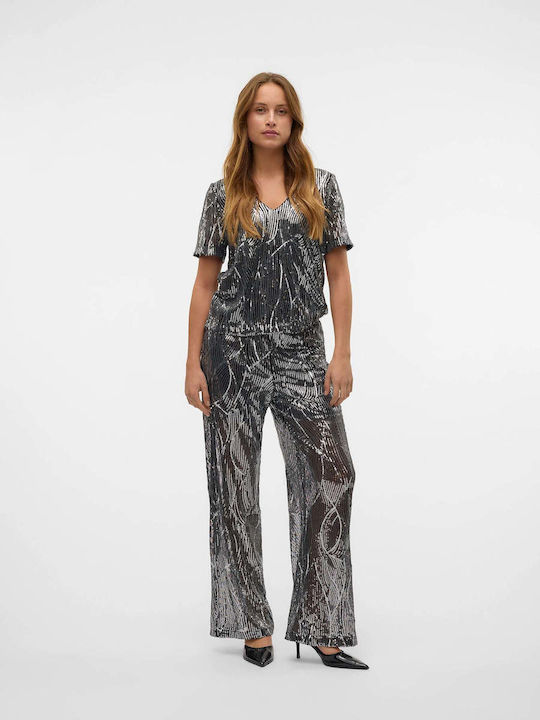 Women's Fabric Trousers Wide Line Black with Sequins