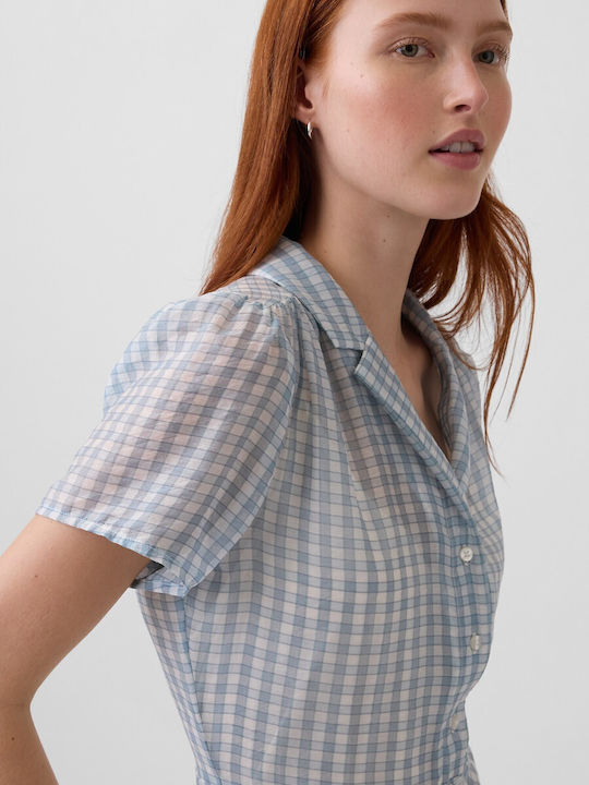 Κοντομάνικο Γυναικείο Πουκάμισο Blue Gingham Καρό