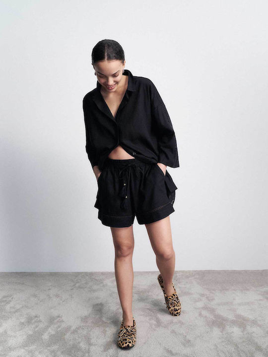 Summer Wear Boyfriend Long Sleeve Women's Linen Shirt Black