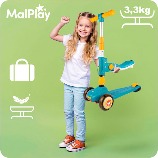 MalPlay Scuter Copii Pliabil 3 Roți Cu Iluminare LED Pentru 2+ Ani Albastru