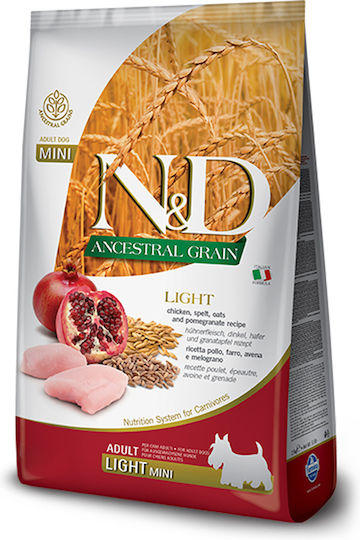 Farmina N&D Ancestral Grain Light Mini 2.5kg Ξηρά Τροφή με Λίγα Σιτηρά για Ενήλικους Στειρωμένους Σκύλους Μικρόσωμων Φυλών με Κοτόπουλο και Ρόδι