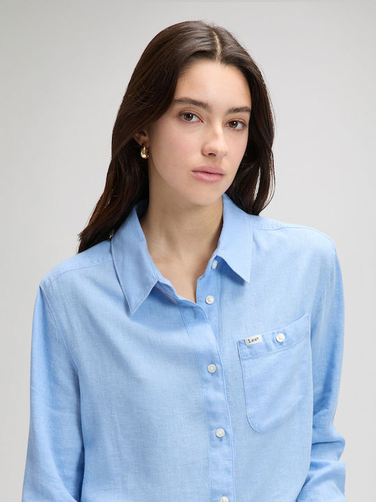 Long Sleeve Women's Linen Shirt Light Blue