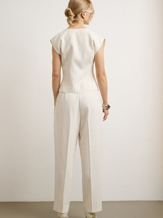 Women's Ecru Set with High Rise Striped Straight Leg Trousers