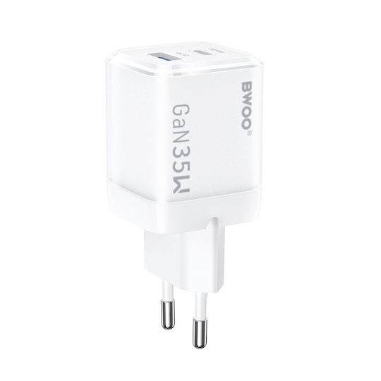 BWOO Зарядно с вграден кабел GaN с USB-A порт и USB-C порт 35W Power Delivery Бял (CDA222)