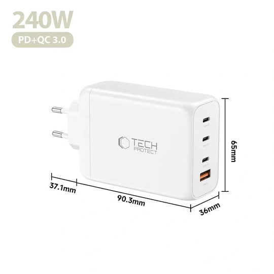 Tech-Protect Charger Without Cable GaN with USB-A Port and 3 USB-C Ports 240W Power Delivery / Quick Charge 3.0 Whites (NC240W-GAN)