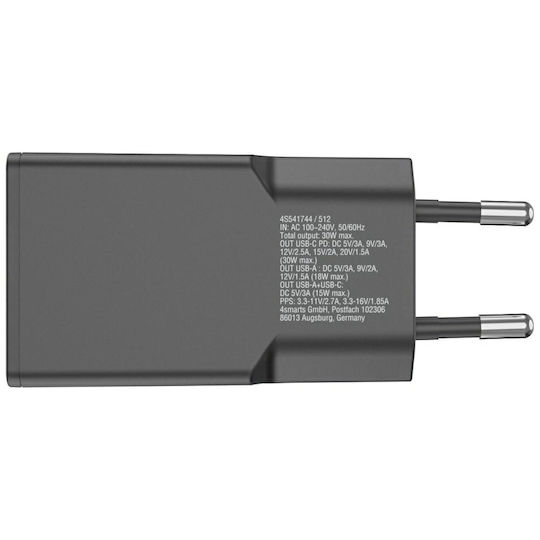 4Smarts Φορτιστής Χωρίς Καλώδιο GaN με 2 Θύρες USB-C 30W Power Delivery Μαύρος (Flatplug Slim)