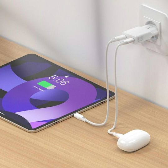 4Smarts Φορτιστής Χωρίς Καλώδιο GaN με 2 Θύρες USB-C 30W Power Delivery Λευκός (Flatplug Slim)