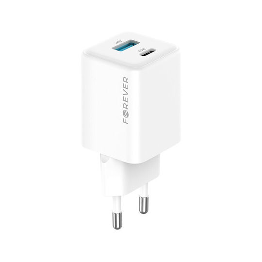 Forever Φορτιστής Χωρίς Καλώδιο GaN με Θύρα USB-A και Θύρα USB-C 45W Power Delivery Λευκός (TC-08-45AC)