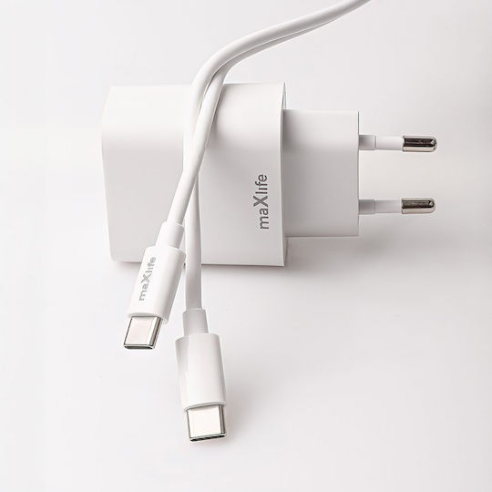 Maxlife с USB-A порт и USB-C порт и кабел USB-C - USB-C 30W Power Delivery Бял (MXTC-06-30AC)