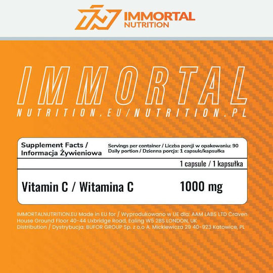 Immortal Nutrition Vitamin C Vitamin for Immune System Boost, the Skin & Antioxidant Action 1000mg 90 caps