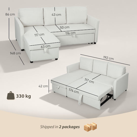 Corner Couch Bed with Reversible Angle & Storage Space Cream White 192x148x86cm