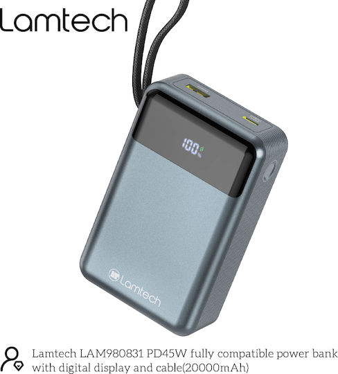 Lamtech Power Bank 20000mAh 45W With USB-A Output Port And USB-C Output Port Power Delivery Quick Charge 3.0 Black