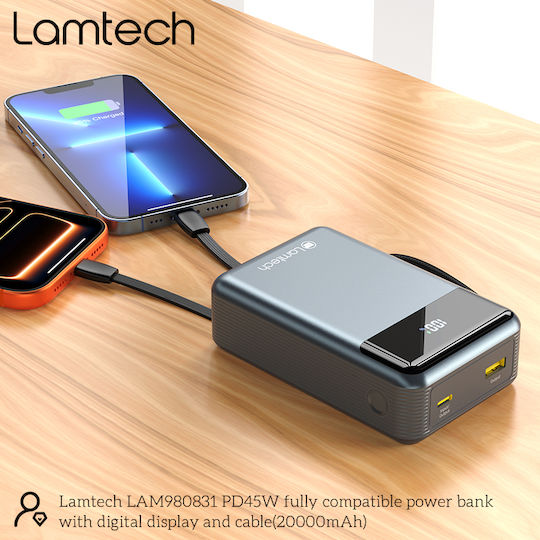 Lamtech Power Bank 20000mAh 45W With USB-A Output Port And USB-C Output Port Power Delivery Quick Charge 3.0 Black