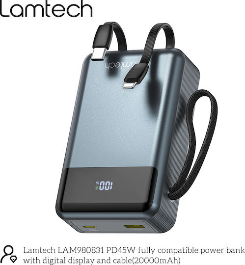Lamtech Power Bank 20000mAh 45W With USB-A Output Port And USB-C Output Port Power Delivery Quick Charge 3.0 Black