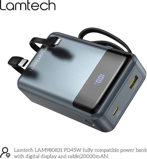 Lamtech Power Bank 20000mAh 45W With USB-A Output Port And USB-C Output Port Power Delivery Quick Charge 3.0 Black