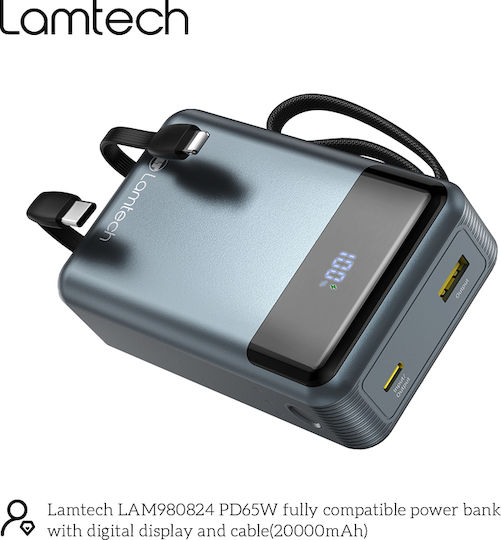 Lamtech Power Bank 20000mAh 65W With USB-A Output Port And USB-C Output Port Power Delivery Quick Charge 3.0 Black