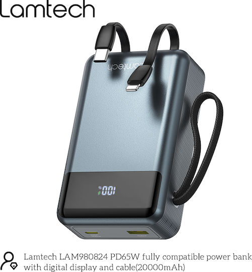 Lamtech Power Bank 20000mAh 65W With USB-A Output Port And USB-C Output Port Power Delivery Quick Charge 3.0 Black