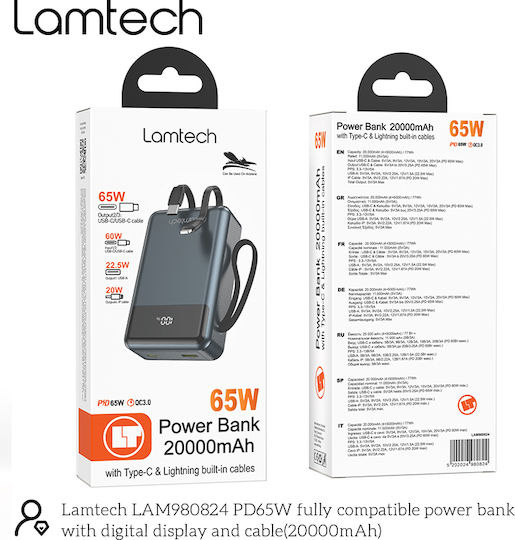 Lamtech Power Bank 20000mAh 65W With USB-A Output Port And USB-C Output Port Power Delivery Quick Charge 3.0 Black