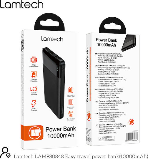 Lamtech Power Bank 10000mAh με 2 Θύρες USB-A Μαύρο