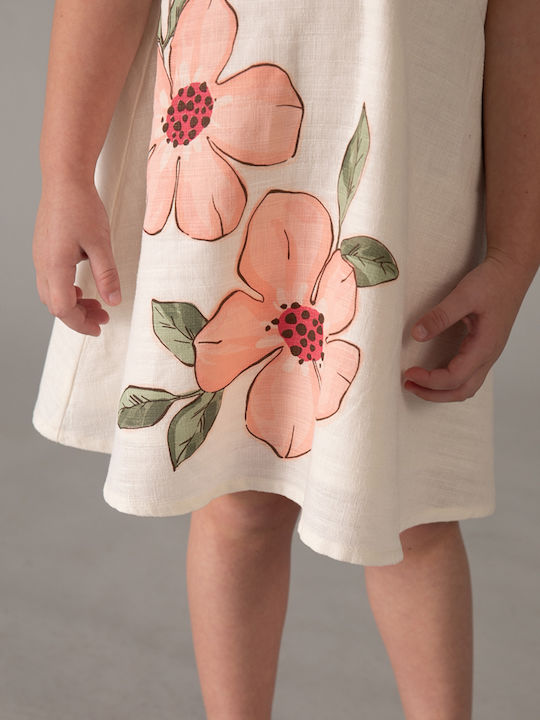 Mädchenkleid Kurzärmelig Leinen Blumen Beiges