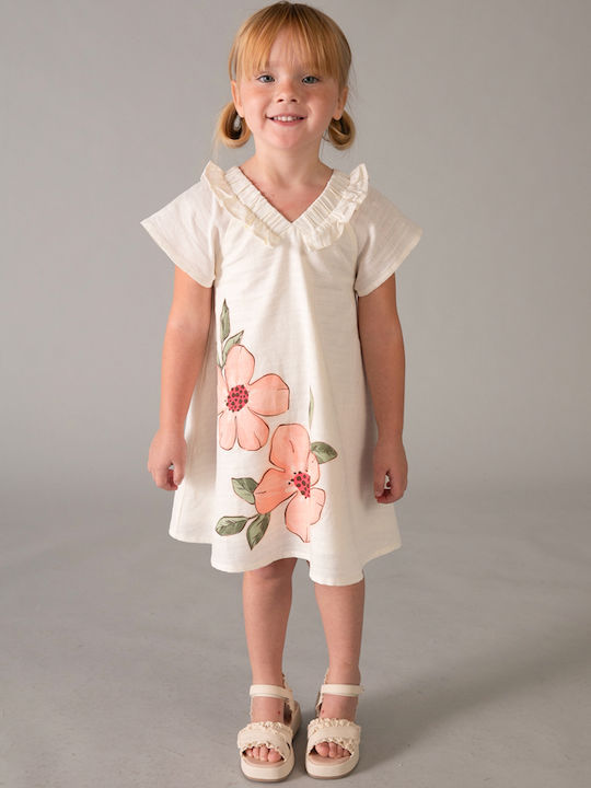 Mädchenkleid Kurzärmelig Leinen Blumen Beiges