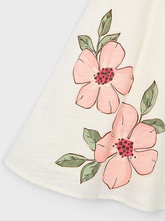 Mädchenkleid Kurzärmelig Leinen Blumen Beiges
