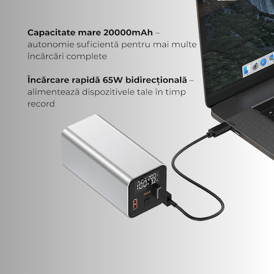 Voltres Baterie Externă 20000mAh 65W Cu 2 Porturi De Ieșire USB-A Și Port USB-C Încărcare Rapidă Argintie