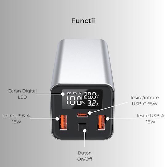 Voltres Baterie Externă 20000mAh 65W Cu 2 Porturi De Ieșire USB-A Și Port USB-C Încărcare Rapidă Argintie
