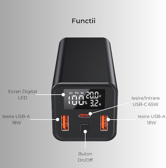 Voltres Power Bank 20000mAh 65W με 2 Θύρες USB-A και Θύρα USB-C Quick Charge Μαύρο