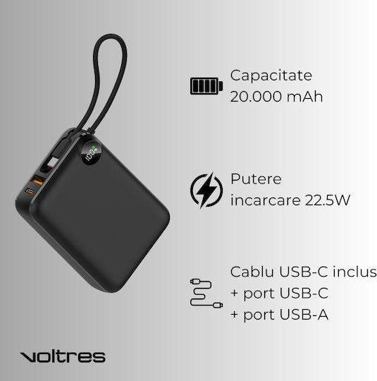 Voltres ChargeGO Power Bank 20000mAh 22.5W mit USB-A Ausgangsanschlüsse und USB-C Ausgangsanschlüsse Schwarz