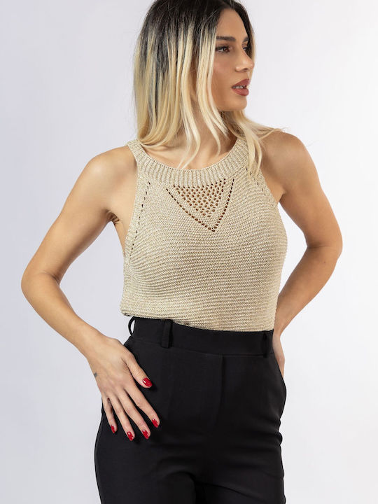 Damen Sommer Leinen Ärmellose Bluse Gold