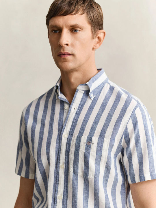 Short Sleeve Linen Shirt in Regular Fit Striped Blue