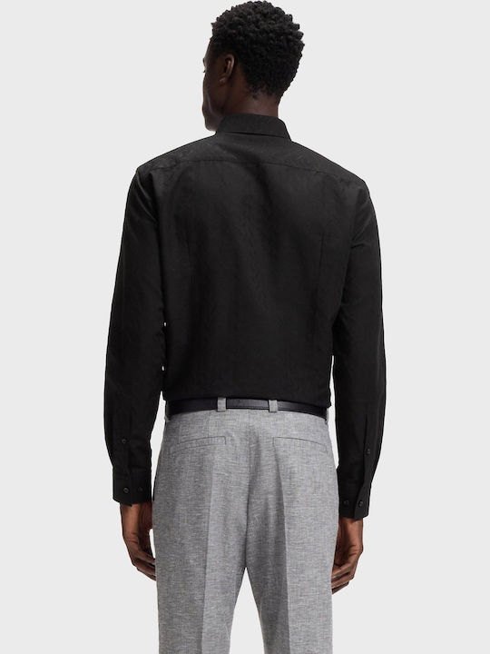 Kenno Long Sleeve Linen Shirt In Narrow Fit Black