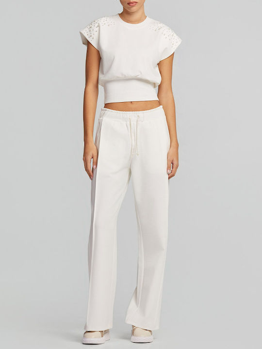 Women's Fabric Trousers with Rubber Band in Straight Leg Ecru