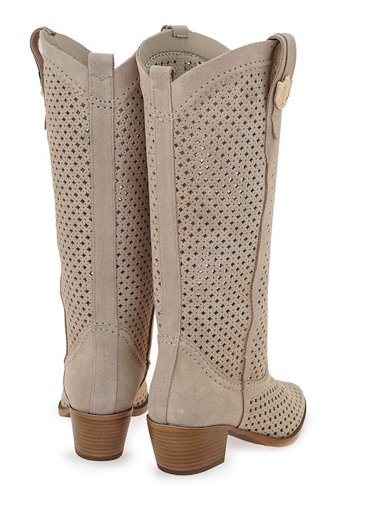Suede Women's Boots with Mid Heel Beige