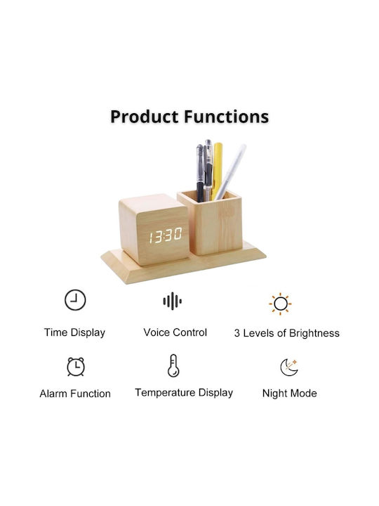 Wooden Digital Tabletop Clock Pencil Holder & Thermometer Beige