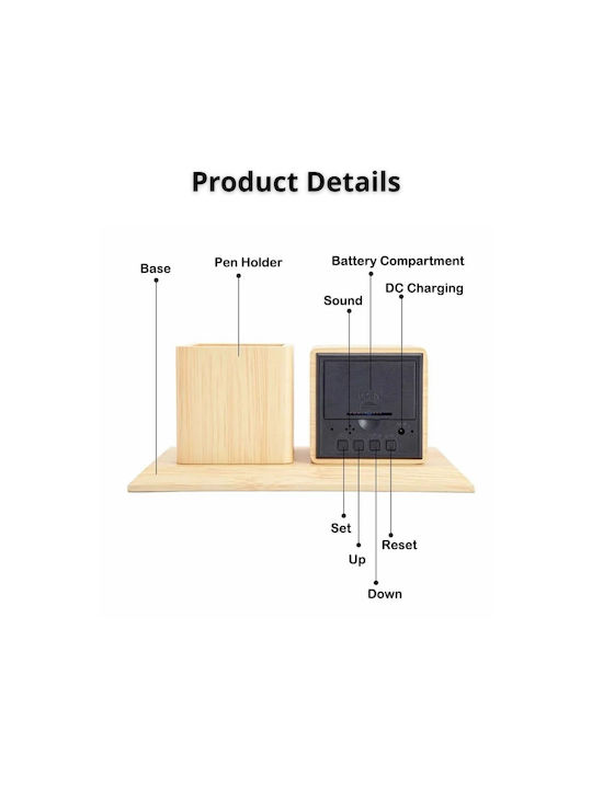 Wooden Digital Tabletop Clock Pencil Holder & Thermometer Beige