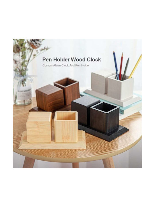 Wooden Digital Tabletop Clock Pencil Holder & Thermometer Beige