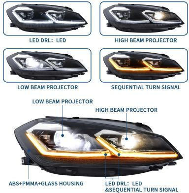 Front Led Lights Vw Golf 7.5 2018-2021 Silver Line Design Black Without Bulbs D2s/h7 Set 2 Pieces