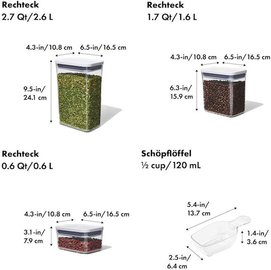 OXO Set 3 Stück Allgemeine Verwendung Lebensmittelgläser mit Luftdichtem Deckel Kunststoff Transparent 3 Stück