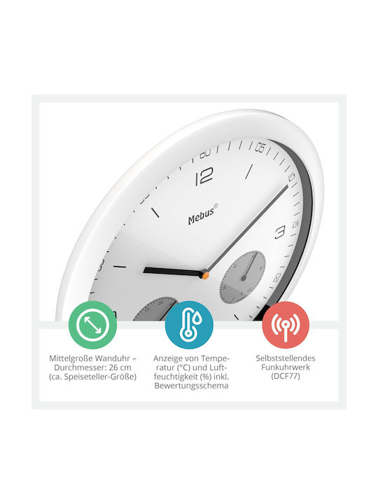 Mebus Radio Controlled Wall Clock Ceas de Perete Metalic Alb Ø26cm