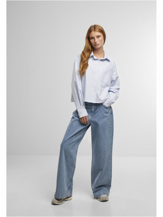 Long Sleeve Women's Cotton Shirt Lighthorizonblue/White Striped
